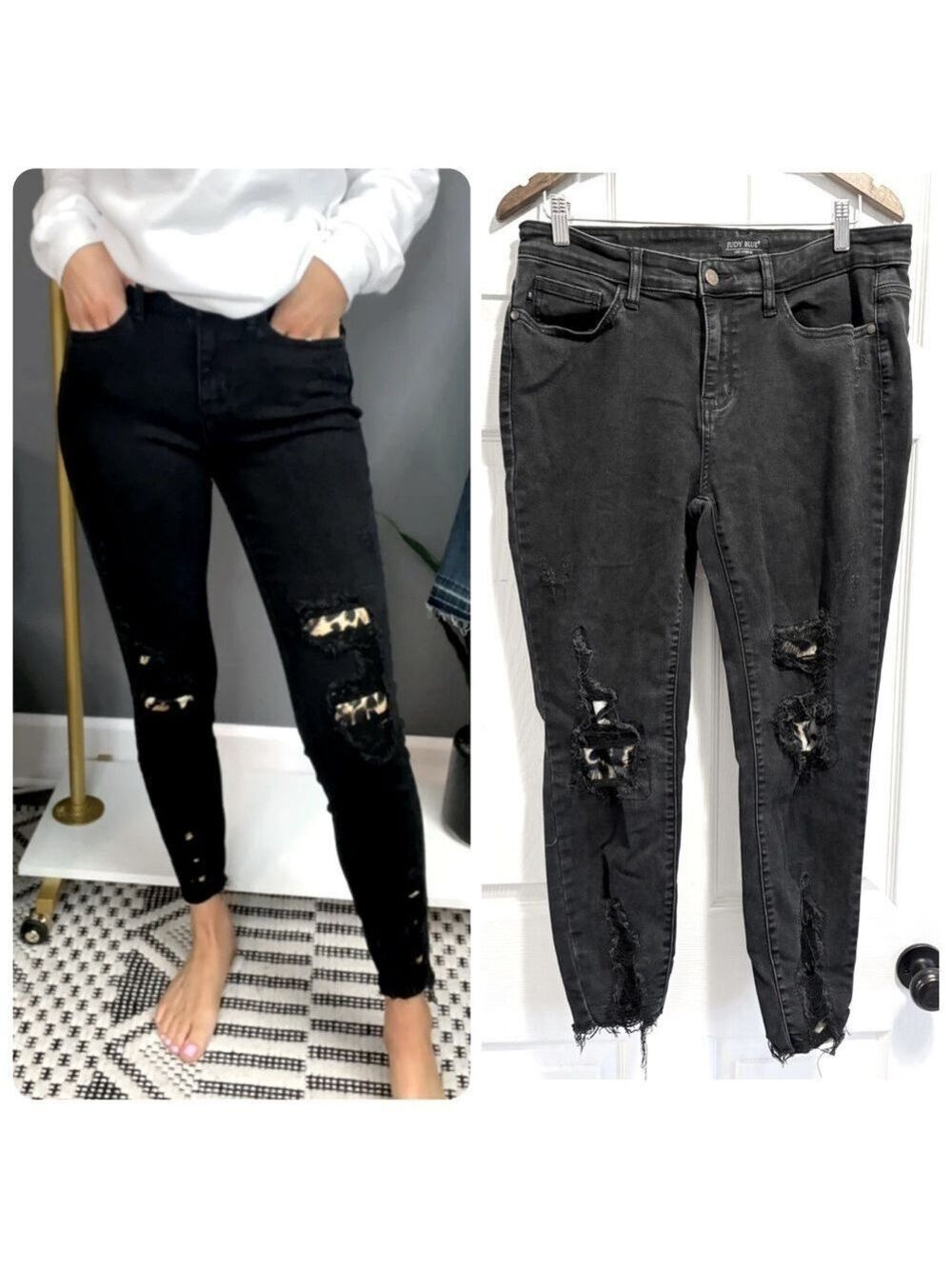 Judy Blue Black Destroyed Leopard Patch Mid-Rise Skinny Jeans Size 13 / 31
